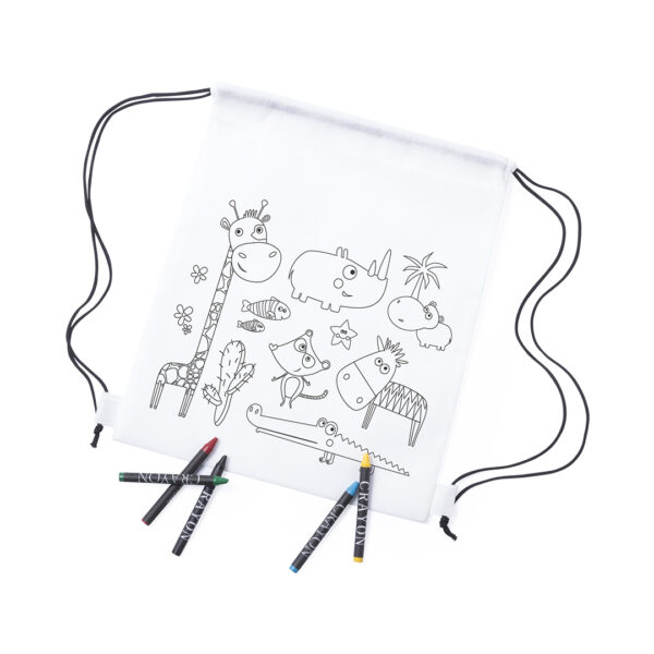 WIZZY COLOR-YOUR-OWN BACKPACK – WHITE NON-WOVEN DRAWSTRING BAG WITH CRAYONS - Image 1