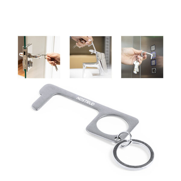 SILVER ANTI-CONTACT HYGIENE KEYRING – STAINLESS STEEL TOUCH-FREE TOOL - Image 1