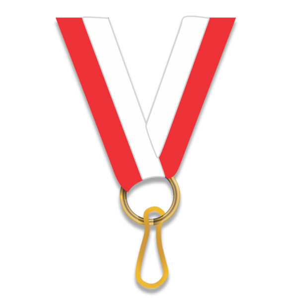 RED AND WHITE MEDAL NECK RIBBON – 2.2CM WIDE WITH METAL CLIP - Image 1