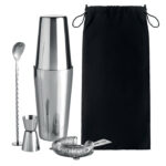 BOSTON COCKTAIL SHAKER SET – 4-PIECE STAINLESS STEEL – COTTON POUCH