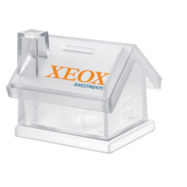 PLASTIC HOUSE-SHAPED COIN BANK – PROMOTIONAL PIGGY BANK FOR SAVINGS & BRANDING - Image 1