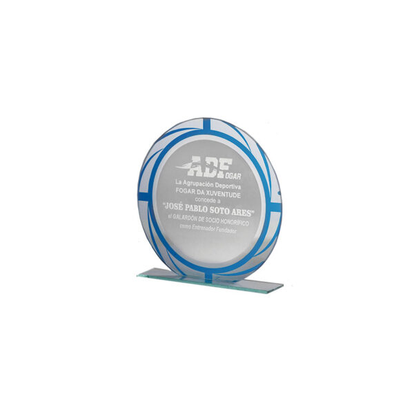 ROUND GLASS AWARD 20.5CM – BLUE DETAIL – CUSTOM ENGRAVED (OUTLET) - Image 1