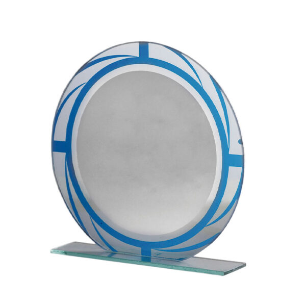 CUSTOM ENGRAVED GLASS CRYSTAL ROUND AWARD WITH BLUE ACCENTS – 16.5CM (OUTLET) - Image 2