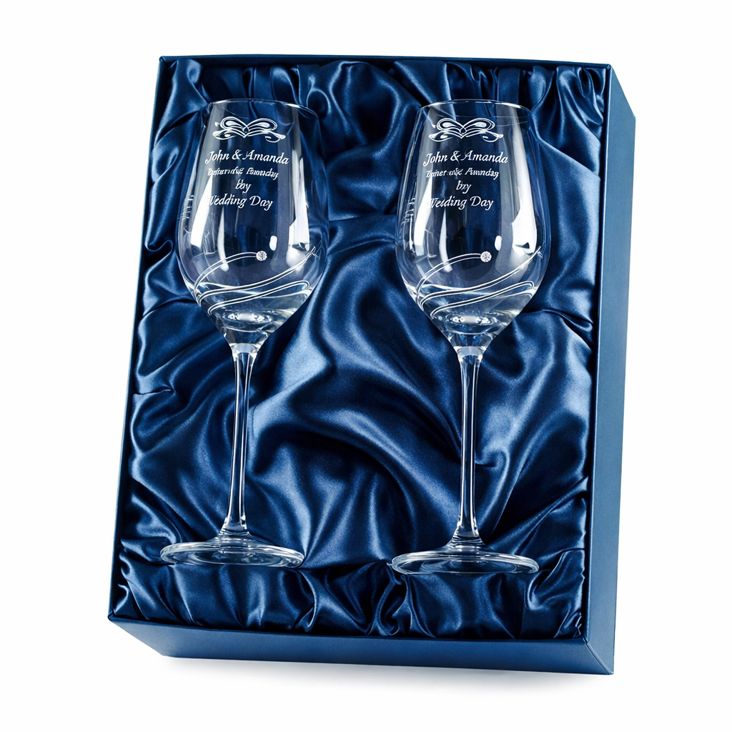 SL139 1 2 DIAMANTE WINE GLASSES WITH ELEGANCE SPIRAL CUTTING - Image 1